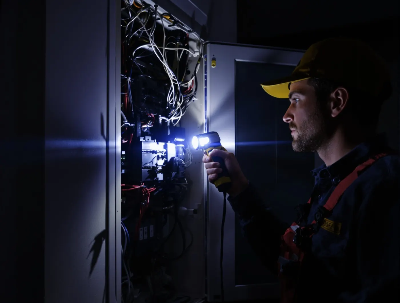 Electrician inspecting a panel during a power outage