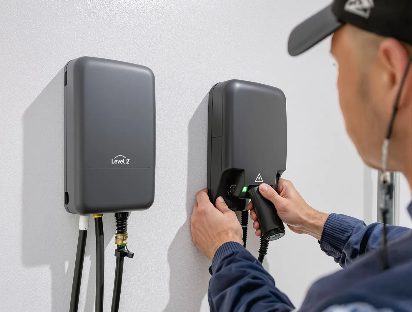 Electrician installing a Level 2 home EV charger