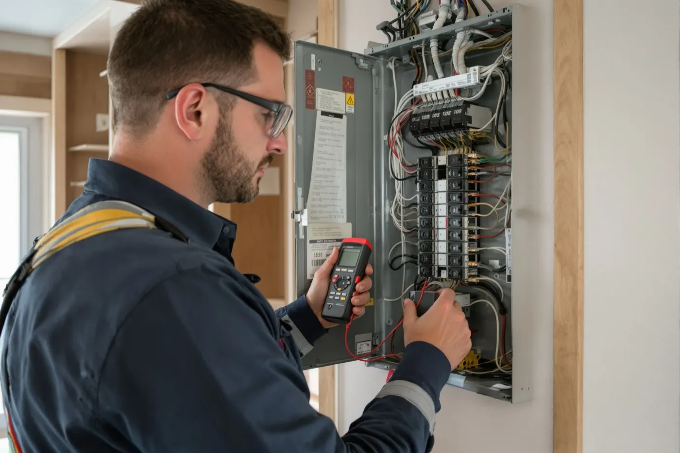 A licensed electrician testing breakers inside a residential electrical panel in a Grand Rapids home
