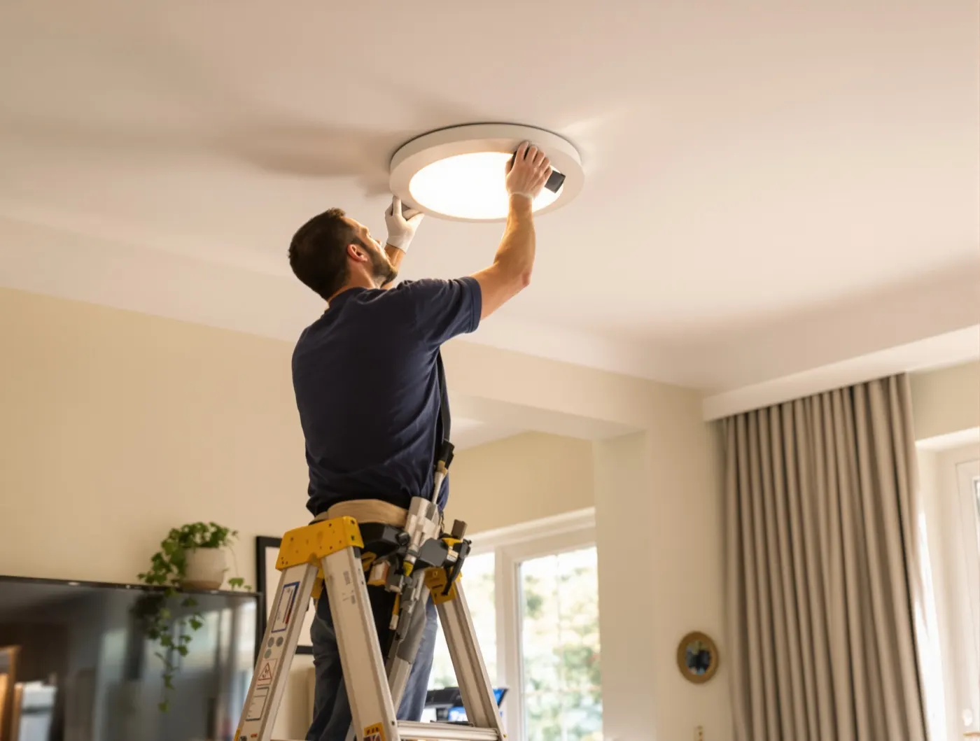 Electrician installing a ceiling light