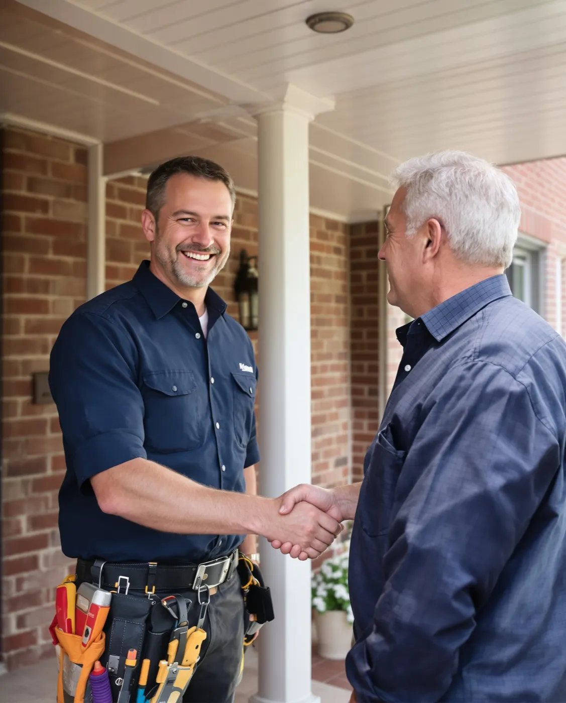 A licensed Grand Rapids electrician greeting a happy homeowner at their door